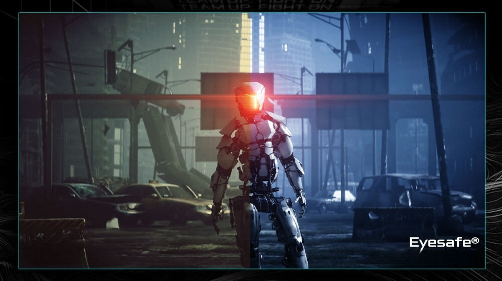 Monitor GIGABYTE GS32QCA 31.5 cala 2560x1440px 180Hz 1 ms [MPRT] Curved prezentacja różnicy pomiędzy monitorem a funkcją Eyesafe 2.0 a bez ograniczenie emisji wysokoenergetycznego niebieskiego światła wsparcie codziennego komfortu użytkowania