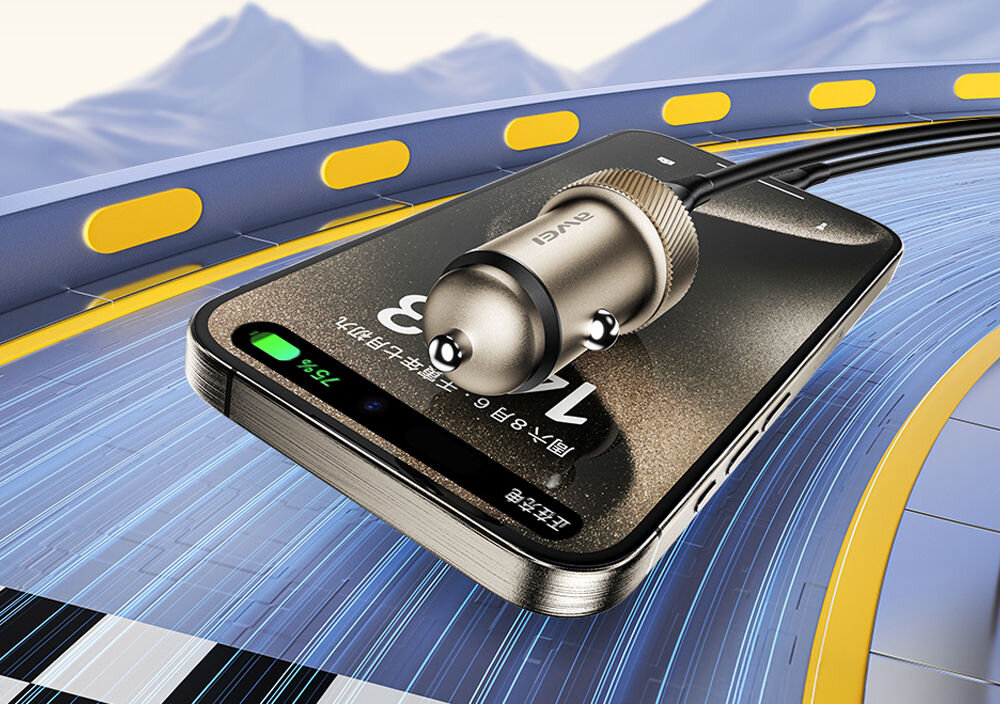 Ładowarka samochodowa AWEI C-857 33 W Brązowy
ładowarka leży na telefonie, w tle tor wyścigowy
dwa porty USB-A USB-C dwa urządzenia jednocześnie maksymalna moc 33 W protokoły szybkiego ładowania PD QC efektywność komfort