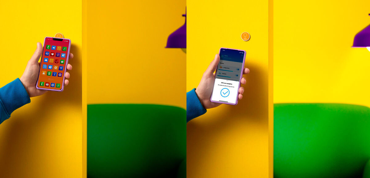 Tagi WIZ 929003266901, kompatybilne, NFC, sterowanie, WIZ, na żółtym tle 2 zdjęcia w 1, na jednym dłoń trzyma smartfona z włączoną aplikacją i reguluje intensywność światła