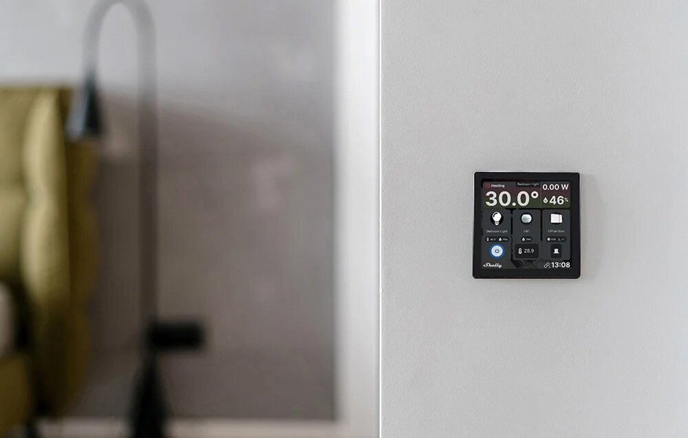 Panel zdalnego sterowania SHELLY SAWD1 + Czujnik SBHT-003C Wi-Fi/Bluetooth Czarny, panel, regulacja, ustawienia, temperatura, panel zamontowany na ścianie w przedpokoju do sypialni