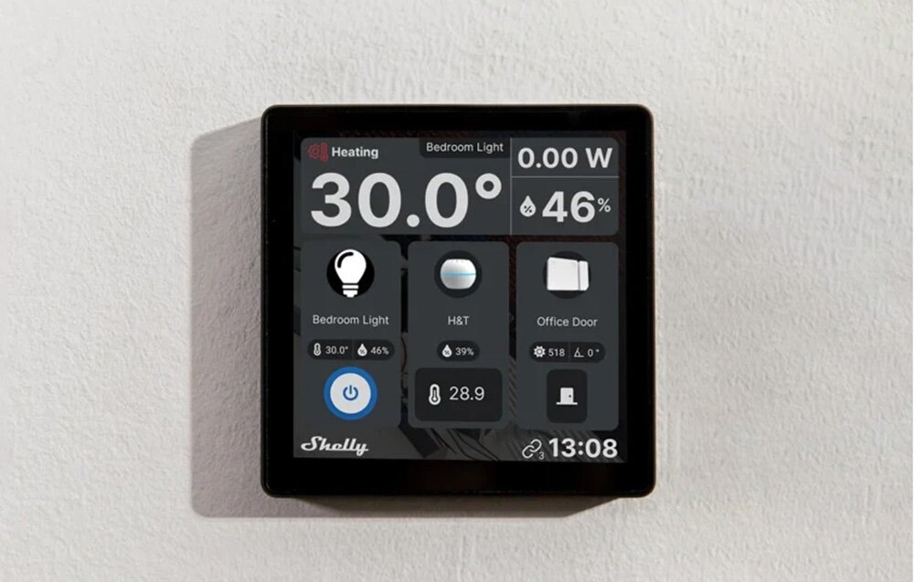 Panel zdalnego sterowania SHELLY SAWD1 + Czujnik SBHT-003C Wi-Fi/Bluetooth Czarny, ekran, dotykowy, sterowanie, interfejs, na szarej ścianie zamontowany panel zdalnego sterowania frontem na wprost