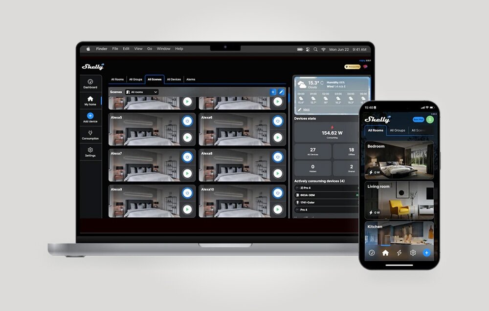 Panel zdalnego sterowania SHELLY SAWD1 + Czujnik SBHT-003C Wi-Fi/Bluetooth Czarny, procesor, pamięć, flash, Home Assistant, na szarym tle laptop wraz z smartfonem i aplikacja home Assistant