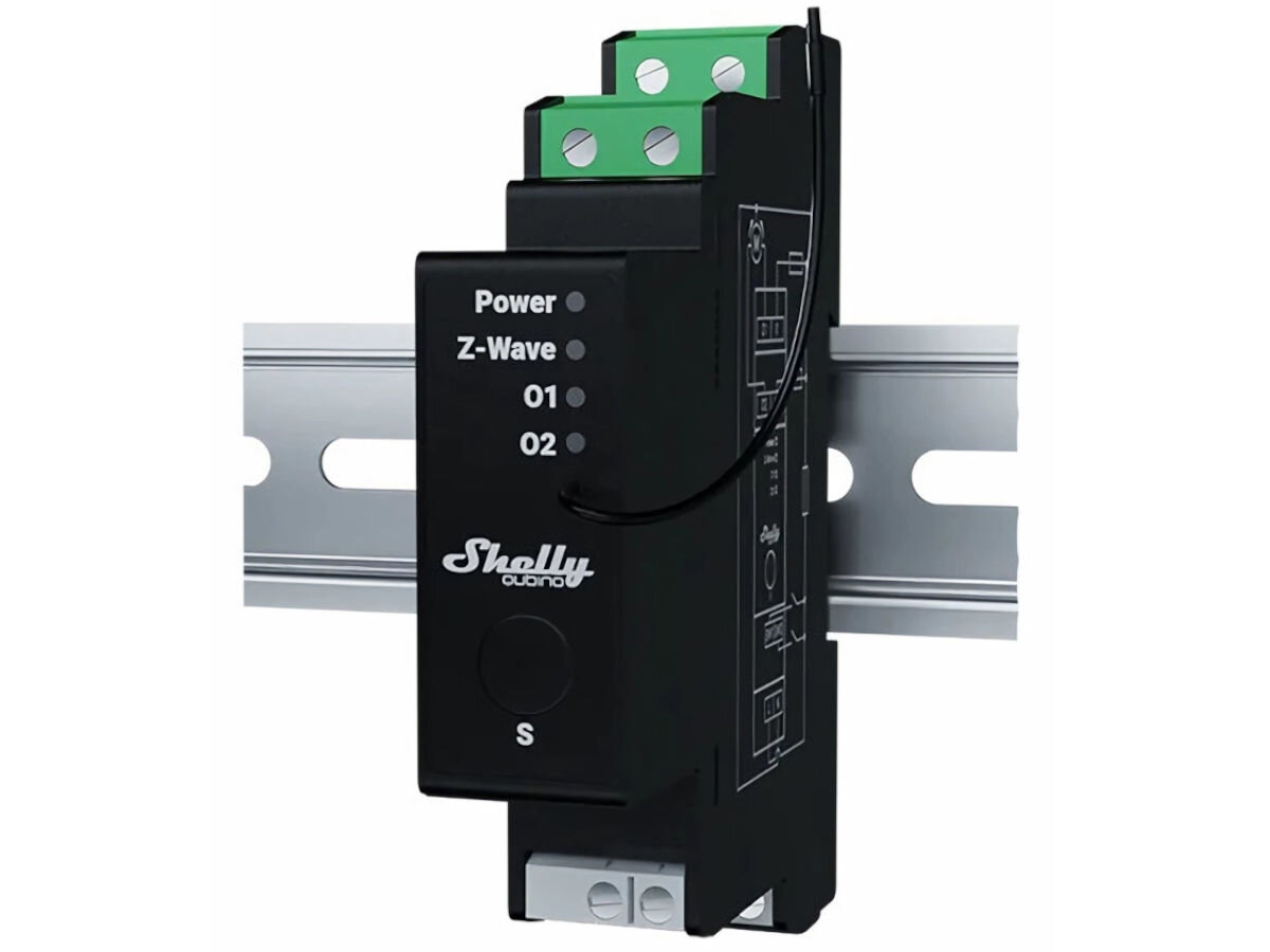 Przekaźnik SHELLY Wave Pro Shutter, napięcie, prąd, 16 A, napędy, na białym tle przekaźnik na szynie DIN frontem prawo skos