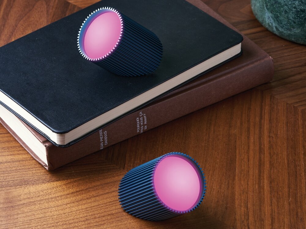 Lampka LEXON Ray Light Niebieski (2 szt.) niebieskie lampki jedna lezy na książkach druga na blacie różowe światło z wysokiej jakości aluminium wyrazista żebrowana faktura stylowy surowy charakter prostota formy funkcjonalność dekoracyjny praktyczny element w przestrzeniach zewnętrznych 