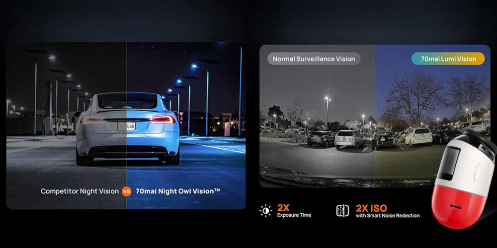 Wideorejestrator 70MAI X800 4K Omni Set Czerwony + Karta 70MAI SD 128 GB - Widoczność w słabym świetle, Wideorejestrator, obrazy podzielone na Czerwonyobiały i kolorowy