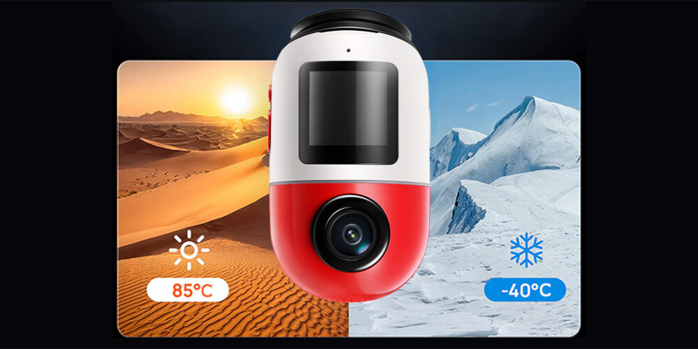 Wideorejestrator 70MAI X800 4K Omni Set Czerwony + Karta 70MAI SD 128 GB - Stabilna praca, Wideorejestrator na tle pustyni i gór pokazujący wytrzymałośc w trudnych warunkach atmosferycznych