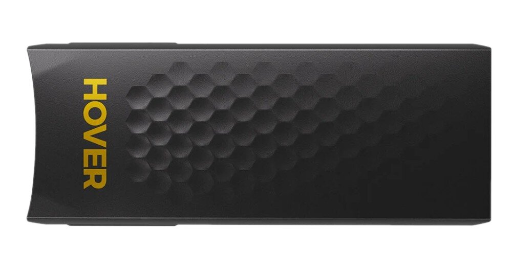 Akumulator HOVERAIR Smart do X1 Pro / X1 ProMax Widok z góry na czarny, prostokątny przedmiot z fakturą heksagonów i żółtym napisem 'HOVER' przy lewej krawędzi