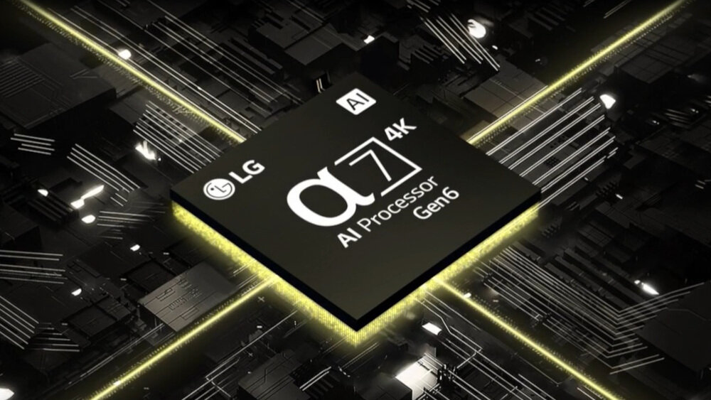 Obraz przedstawia procesor z napisem \'LG α7 AI Processor 4K Gen6\' na tle abstrakcyjnej grafiki z liniami i kształtami.