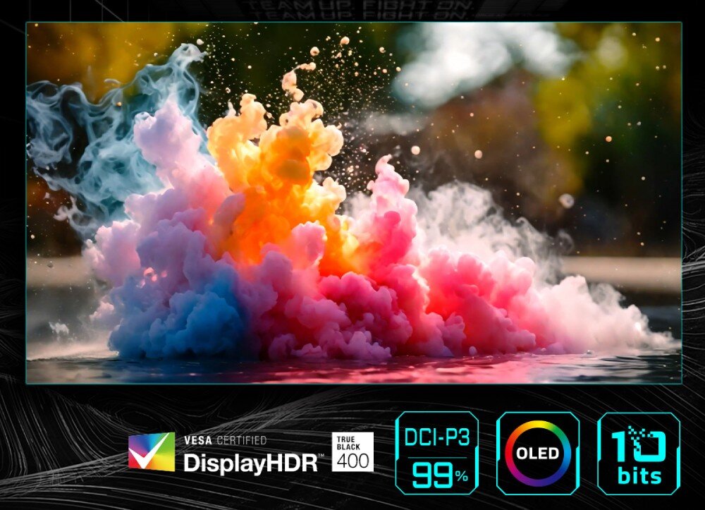 Monitor GIGABYTE MO27Q2 Kolorowy obłok dymu nad wodą z ikonami OLED, 10 bitów, 99% DCI-P3 i certyfikatem DisplayHDR True Black 400, matryca, przekątna, rozdzielczość, kolory