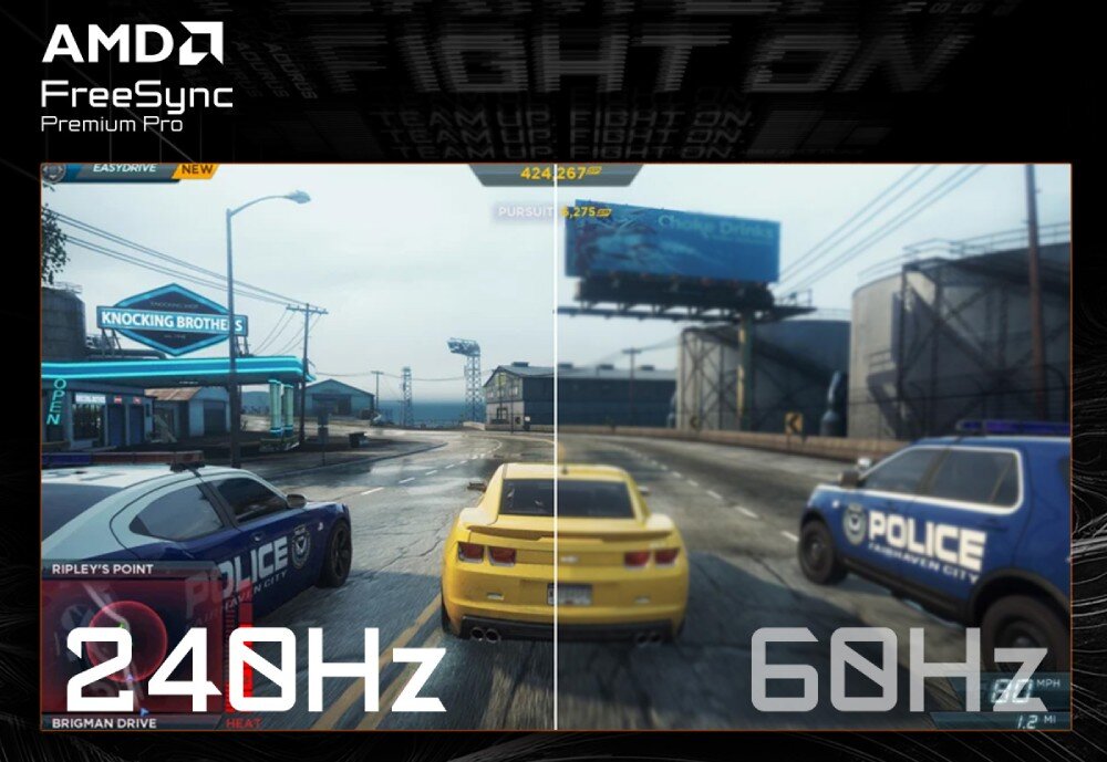Monitor GIGABYTE MO27Q2 Porównanie obrazu z gry wyścigowej przy odświeżaniu 240 Hz i 60 Hz, z widocznymi różnicami w płynności, odświeżanie, synchronizacja FreeSync