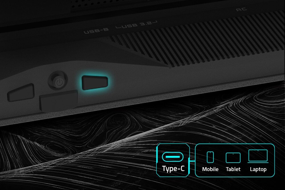 Monitor GIGABYTE MO27Q2 Zbliżenie na porty monitora z podświetleniem USB-C i ikonami urządzeń mobilnych, tabletów i laptopów, przełącznik KVM, port USB-C