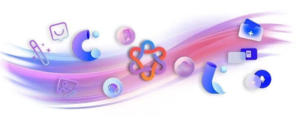 Komputer LENOVO Yoga F0J2001HPB Grafika z kolorowym logo w centrum otoczonym ikonami symbolizującymi różne funkcje, na tle fal w odcieniach fioletu i różu, AI, sztuczna inteligencja, zastosowanie