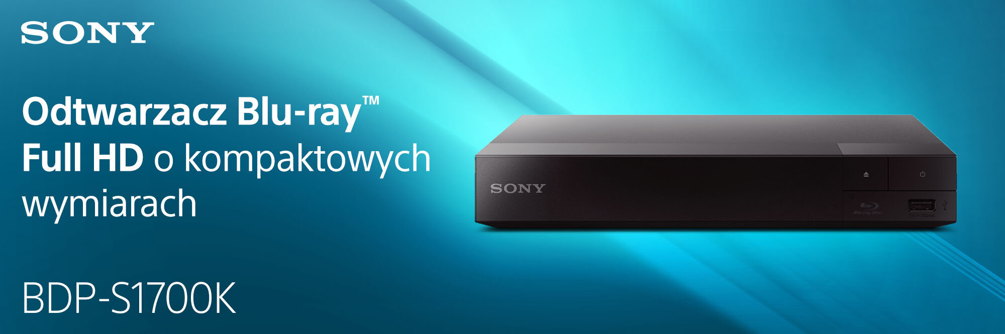 ODTWARZACZ BLU-RAY SONY BDP-S1700K na niebieskim tle z napisami odtwarzacz blu-rau full hd o kompaktowych wymiarach