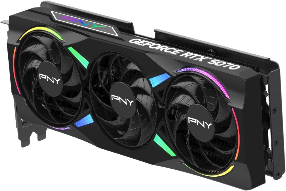 Karta graficzna PNY GeForce RTX 5070 ARGB Epic-X OC Triple Fan 12GB Widok z góry na kartę graficzną z trzema wentylatorami i napisem 'GEFORCE RTX 5070' na górnej krawędzi, z podświetleniem w różnych kolorach, architektura, rdzenie CUDA, taktowanie