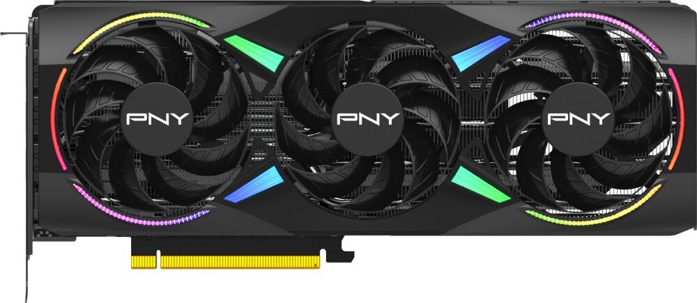 Karta graficzna PNY GeForce RTX 5070 ARGB Epic-X OC Triple Fan 12GB Widok od frontu na kartę graficzną, pokazujący trzy centralnie rozmieszczone wentylatory oraz elementy podświetlenia ARGB wokół nich, wentylatory, chłodzenie
