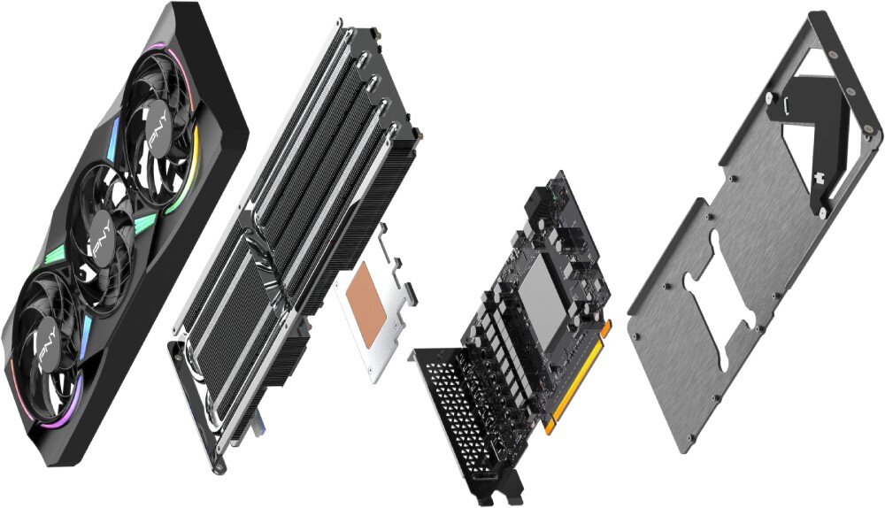Karta graficzna PNY GeForce RTX 5070 ARGB Epic-X OC Triple Fan 12GB Rozłożony widok komponentów karty graficznej, pokazujący kolejno obudowę z wentylatorami, radiator z rurkami cieplnymi, płytę PCB oraz metalowy backplate, konstrukcja