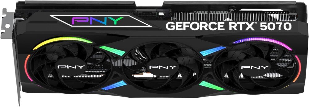 Karta graficzna PNY GeForce RTX 5070 ARGB Epic-X OC Triple Fan 12GB Widok z góry na kartę graficzną z logo producenta i nazwą modelu, z trzema podświetlanymi wentylatorami widocznymi przez otwory w obudowie, oprogramowanie, podświetlenie, regulacja parametrów