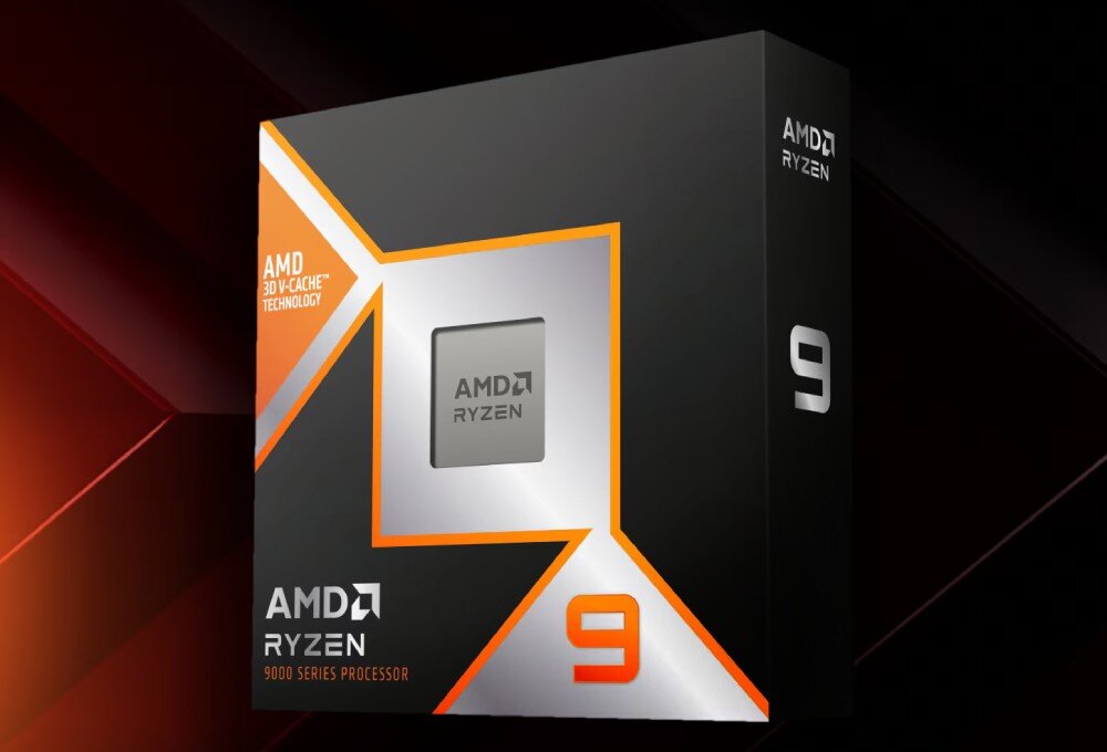 Procesor AMD Ryzen 9 9950X3D Opakowanie procesora serii 9000 z logo 'AMD Ryzen' i oznaczeniem '9' w pomarańczowo-srebrnym motywie graficznym, z wyróżnionym napisem '3D V-Cache Technology', opis