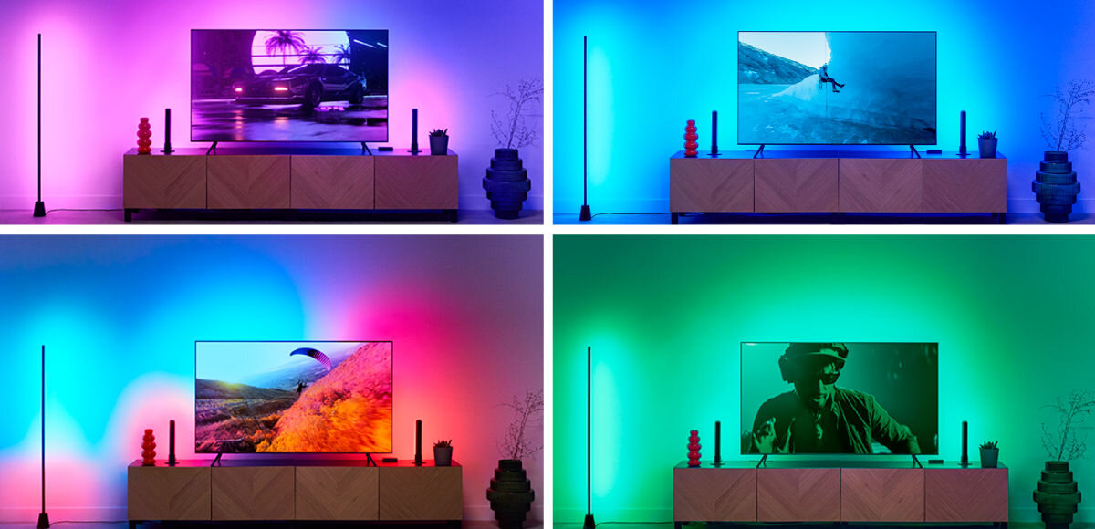 Taśma LED WIZ Sync Box do TV 55 - 65 2.6 m Wi-Fi, Wbudowane tryby dynamiczne, 4 obrazki w 1 przedstawiające różne odcienie taśmy led