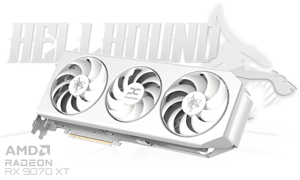 Karta graficzna POWERCOLOR Radeon RX 9070 XT Hellhound Spectral White 16GB Logo przedstawiające głowę wilka z otwartym pyskiem na tle trójkąta, poniżej napis 'Hellhound', w tle rozmyte niebieskie linie i fragment obudowy karty graficznej z podświetleniem, opis