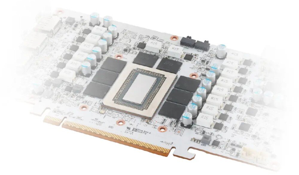 Karta graficzna POWERCOLOR Radeon RX 9070 XT Hellhound Spectral White 16GB Zbliżenie na płytkę drukowaną z dużym białym układem scalonym w centrum, otoczonym kondensatorami i komponentami zasilania, laminat, system zasilania, komponenty