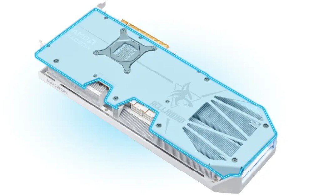 Karta graficzna POWERCOLOR Radeon RX 9070 XT Hellhound Spectral White 16GB Tył karty graficznej z metalowym backplate'em i logo wilka, widoczne niebieskie podświetlenie wokół krawędzi obudowy, metalowy backplate, otwory wentylacyjne, sztywność