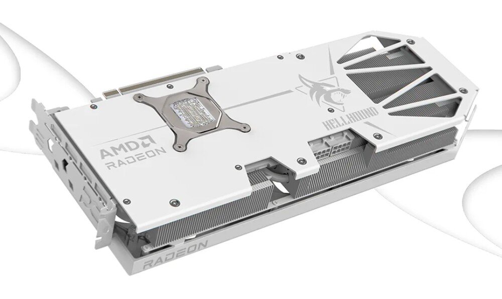 Karta graficzna POWERCOLOR Radeon RX 9070 XT Hellhound Spectral White 16GB Widok z tyłu na kartę graficzną z podświetleniem LED, logo wilka oraz napisem 'AMD Radeon RX 9070 XT', na tle stylizowanego, błyszczącego wzoru, podświetlenie LED, kolor, wyjścia, złącza