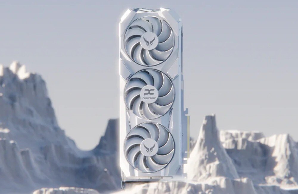 Karta graficzna POWERCOLOR Radeon RX 9070 XT Red Devil Spectral White 16GB Karta graficzna ustawiona pionowo na tle jasnego, górzystego krajobrazu przypominającego lodową pustynię, podświetlenie, kolor, wygląd, sterowanie