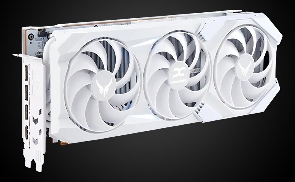 Karta graficzna POWERCOLOR Radeon RX 9070 XT Red Devil Spectral White 16GB Karta graficzna w ujęciu z boku, ukazująca trzy duże białe wentylatory i złącza na tylnym panelu, wentylatory, łopatki, chłodzenie, radiator, ciepłowody, termopad
