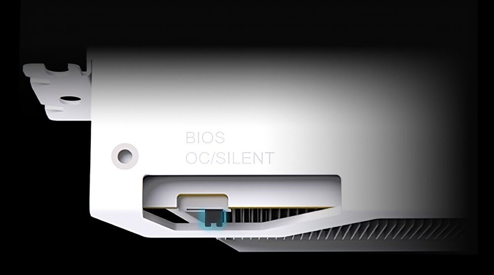 Karta graficzna POWERCOLOR Radeon RX 9070 XT Red Devil Spectral White 16GB Zbliżenie na przełącznik BIOS z oznaczeniami 'OC/SILENT' na bocznej części obudowy, funkcja Dual BIOS, tryby