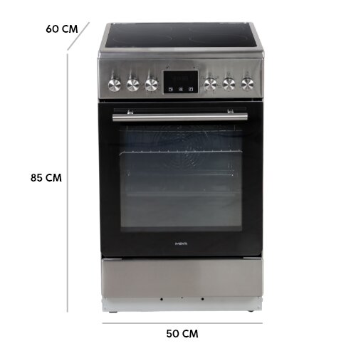 Kuchenka indukcyjna MPM-55-KEI-38  z oznaczeniem poszczególnych wymiarów: 60 cm x 85 cm x 50 cm.