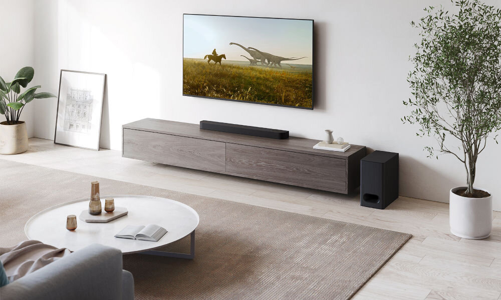 Soundbar SONY HT-BD60 Czarny subwoofer i soundbar w elegancko urządzonym pokoju