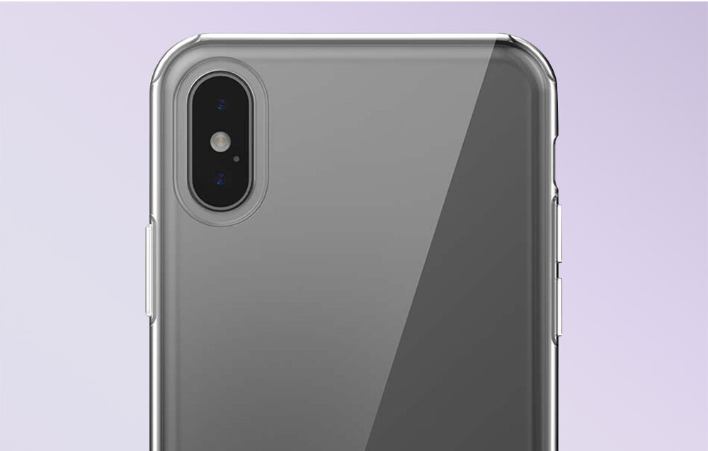 Przeźroczyste etui na telefon z widocznym aparatem fotograficznym i zaokrąglonymi krawędziami. Tło jest w jasnym, fioletowym odcieniu.