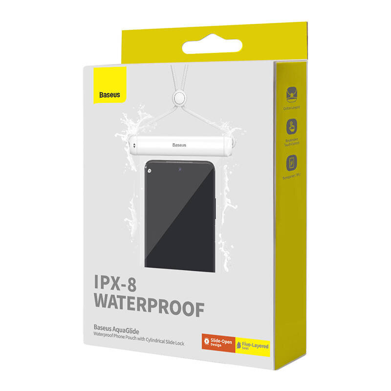 Opakowanie produktu z napisem \'IPX-8 WATERPROOF\' oraz logo \'Baseus\'. Widoczny jest obrazek etui z telefonem i symbolem wody, a także informacje o funkcjach produktu.