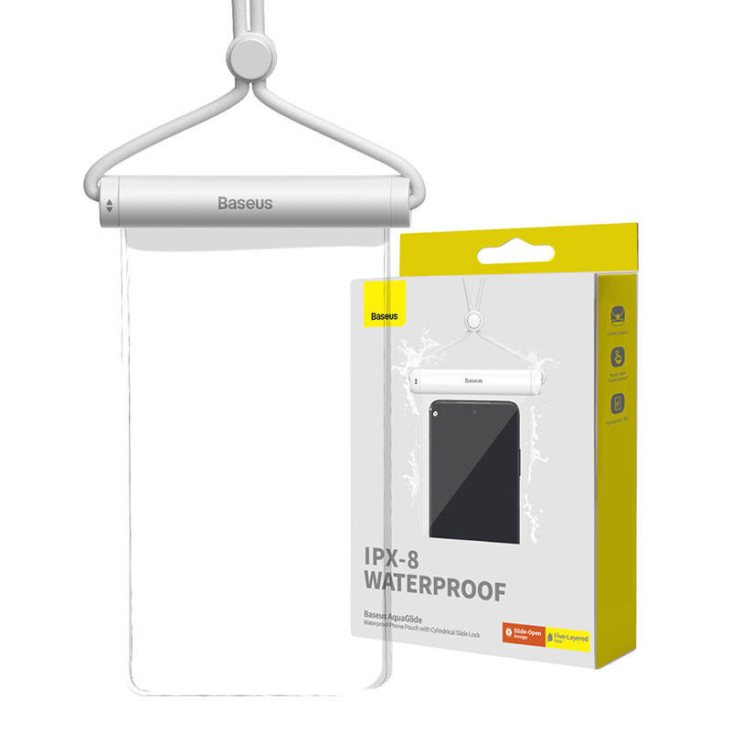 Przezroczyste etui z białym zamkiem cylindrycznym marki Baseus, obok znajduje się opakowanie z napisem \'IPX-8 WATERPROOF\'.