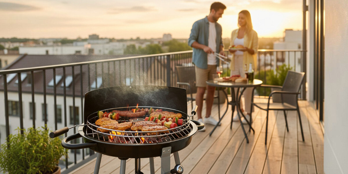 Grill ogrodowy węglowy ACTIVA Hebefix 10560 Okrągły, Grill, lato, ogród, smak, Para grilluje na balkonie o zachodzie słońca.
