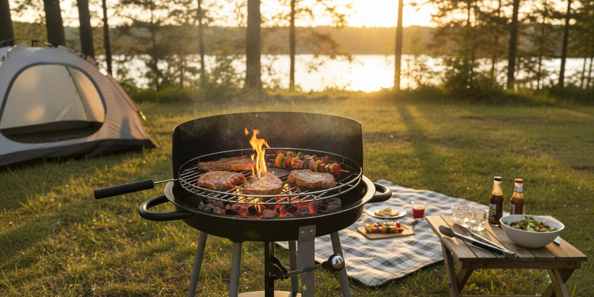 Grill ogrodowy węglowy ACTIVA Hebefix 10560 Okrągły, Grill, węgiel, klasyka, gotowanie, Grillowanie nad jeziorem obok namiotu.