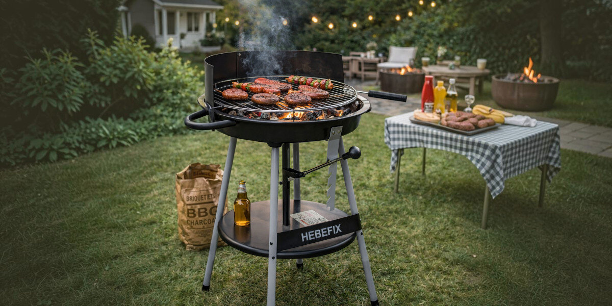 Grill ogrodowy węglowy ACTIVA Hebefix 10560 Okrągły, Węgiel, aromat, żar, smak, Przygotowanie posiłku na grillu w ogrodzie.