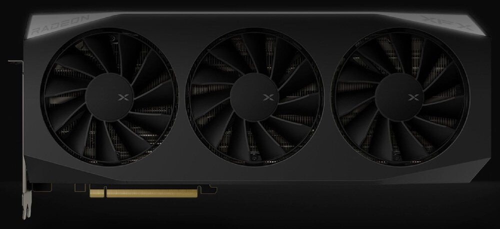 Karta graficzna XFX RX 9070 XT Mercury Gaming Edition 16GB Widok z przodu karty graficznej z trzema dużymi wentylatorami i logiem 'RADEON' w lewym górnym rogu, chłodzenie, wentylatory, temperatura