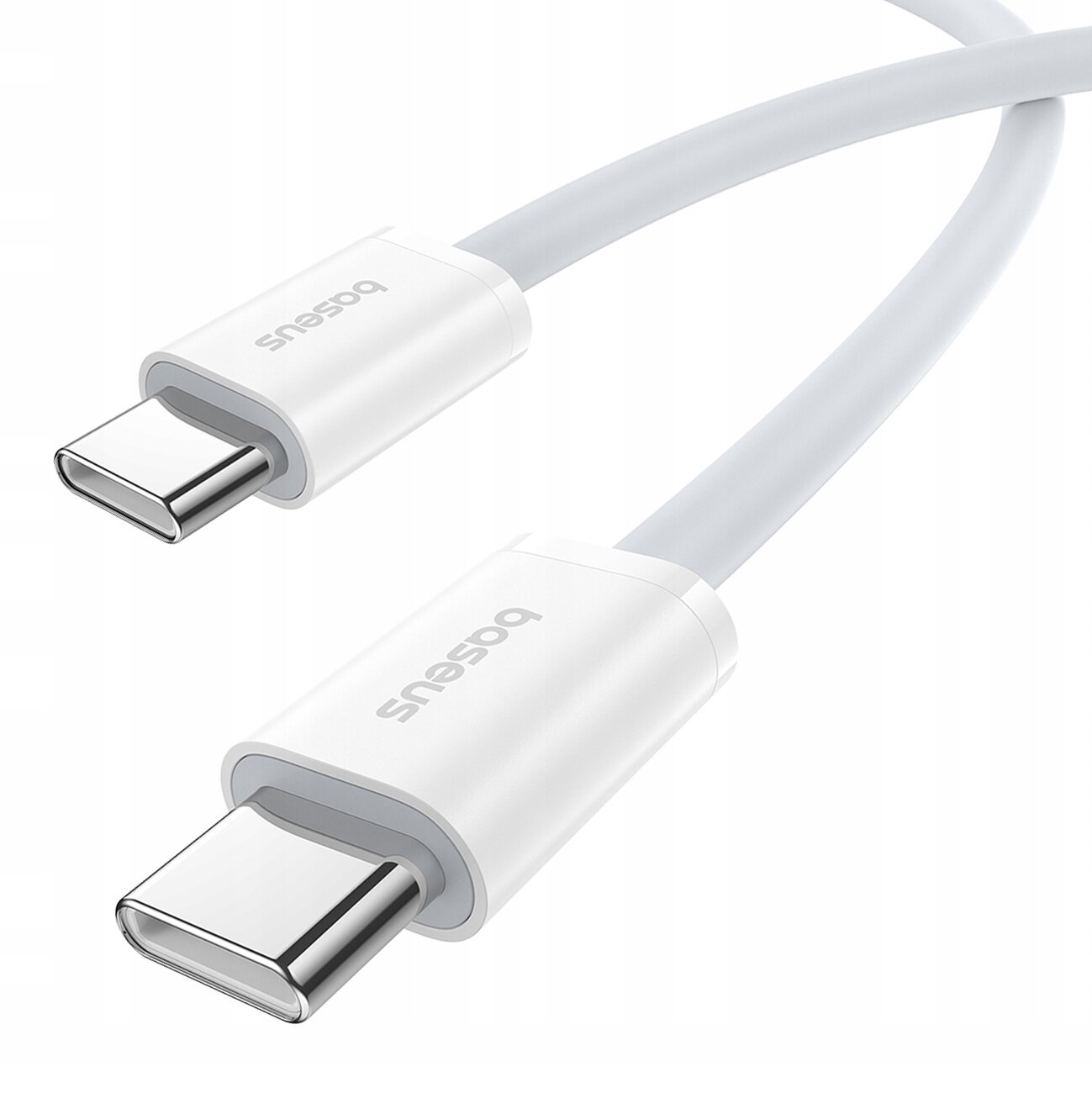Na obrazie widoczny jest biały kabel USB-C z dwoma złączami, na których znajduje się logo \'Baseus\'.