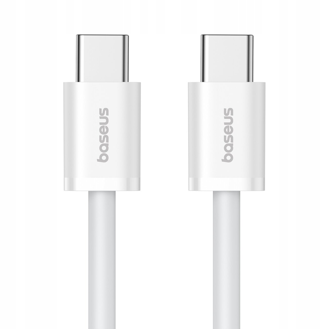 Obraz przedstawia dwa białe kable USB-C z logo \'baseus\' na wtyczkach.