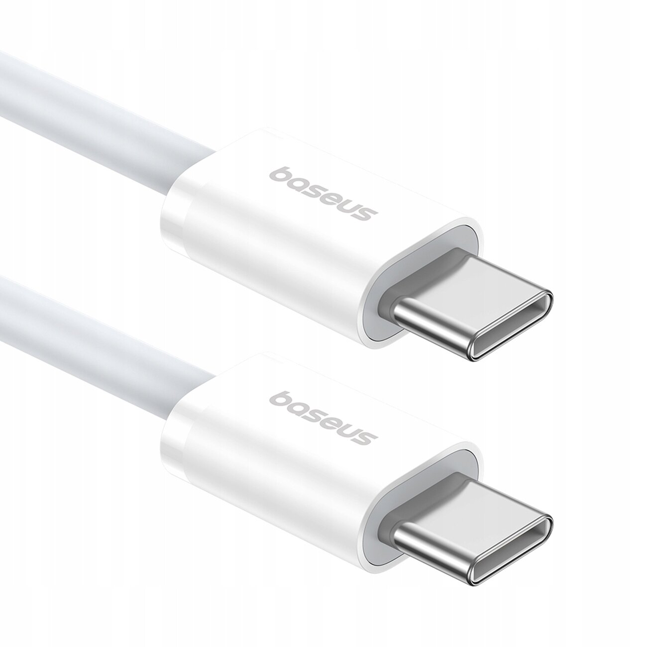Obraz przedstawia dwa białe kable USB-C z logo \'baseus\' na wtyczkach.