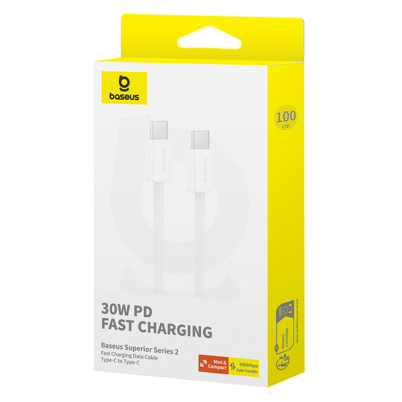 Opakowanie kabla USB C do USB C marki Baseus, oznaczone jako 30W PD Fast Charging. Na opakowaniu widnieje napis \'Baseus Superior Series 2 Fast Charging Data Cable Type-C to Type-C\' oraz ikony informujące o długości 100 cm i prędkości transferu 480Mbps.
