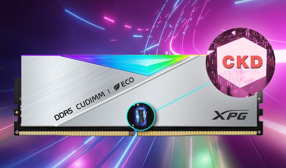 Pamięć RAM ADATA XPG Lancer RGB Pojedynczy moduł pamięci na kolorowym tle z grafiką czerwonego sześciokąta z napisem 'CKD' oraz zbliżeniem na czip sterownika