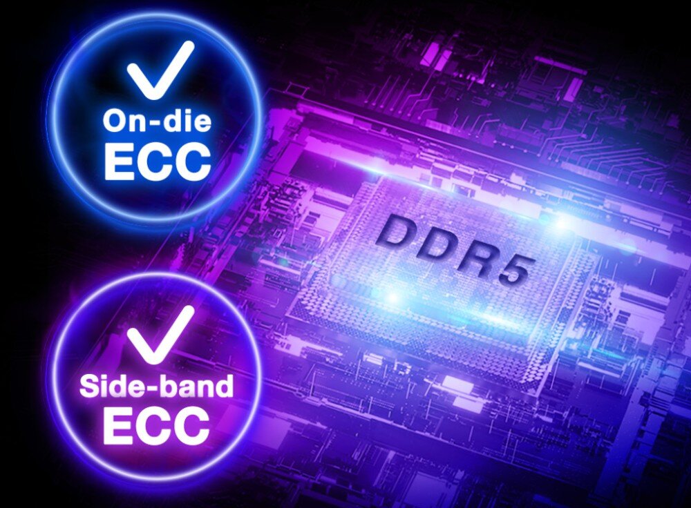 Pamięć RAM ADATA XPG Lancer RGB Grafika przedstawiająca wnętrze układu elektronicznego z dwoma wyróżnionymi okręgami zawierającymi napisy 'On-die ECC' oraz 'Side-band ECC'