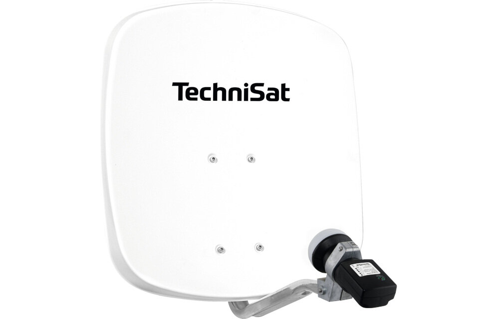 Antena czasza TECHNISAT Digidish 45 odbiór HOTBIRD 13E i ASTRA 19.2E, stabilny sygnał satelitarny, antena po skosie na białym tle