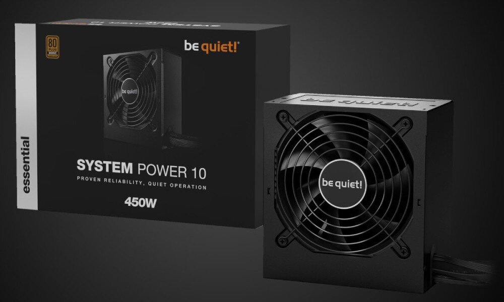 Komputer XQUANTUM XQI5R16S1TB-XI21WP Zasilacz komputerowy z dużym wentylatorem i logo 'be quiet!' na środku, obok czarne pudełko z oznaczeniem '450W', zasilacz, moc, sprawność, zabezpieczenia