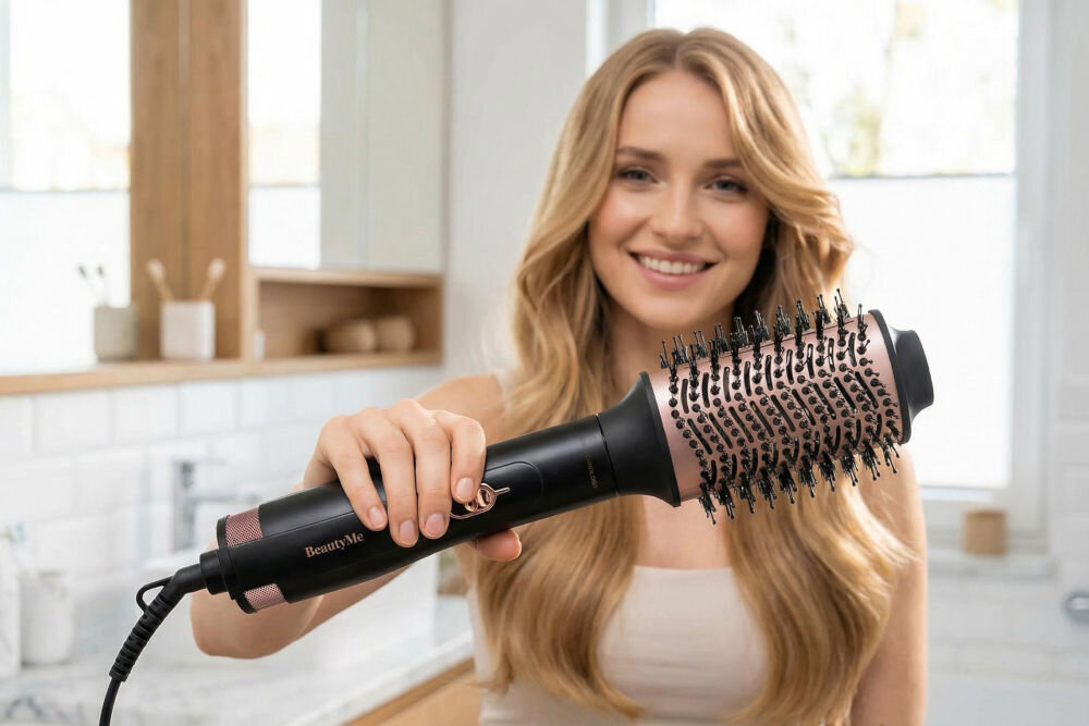 Suszarko-lokówka BEAUTYME AS810 Uśmiechnięta kobieta w łazience trzyma suszarko-lokówkę BeautyMe AS810 z dużą okrągłą szczotką o ceramicznej powłoce.