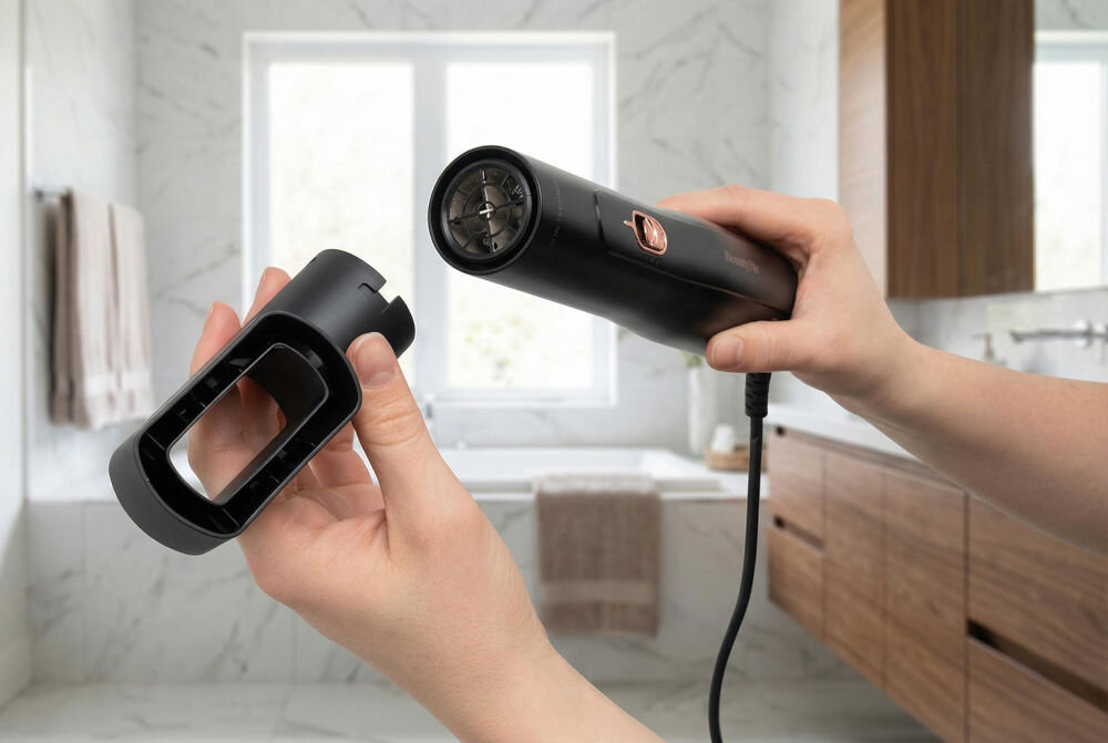 Suszarko-lokówka BEAUTYME AS810 Prezentacja mechanizmu wymiany końcówek w suszarko-lokówce BeautyMe AS810 – dłoń trzyma odłączony koncentrator nad korpusem urządzenia.