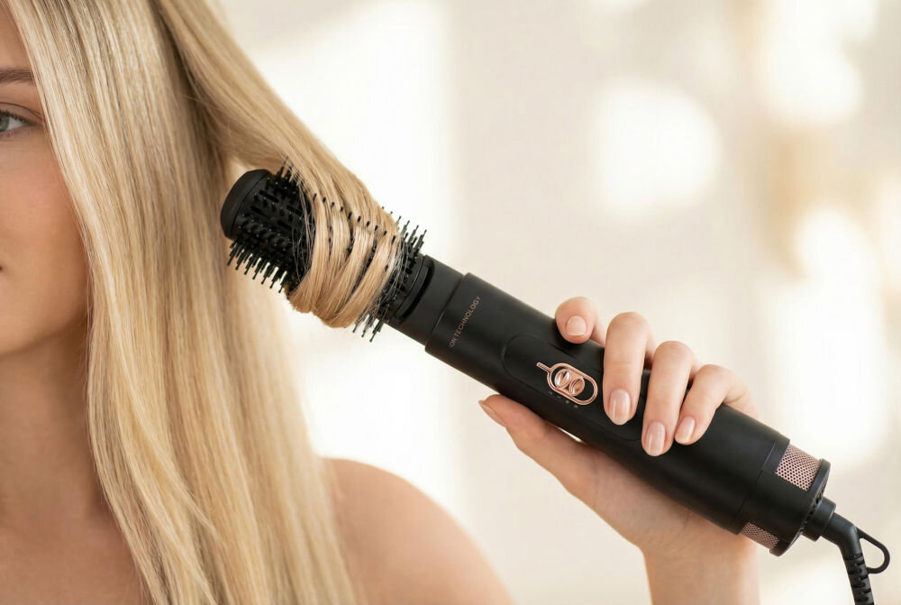 Suszarko-lokówka BEAUTYME AS810 Stylizacja włosów blond przy użyciu okrągłej szczotki suszarko-lokówki BeautyMe z funkcją jonizacji.